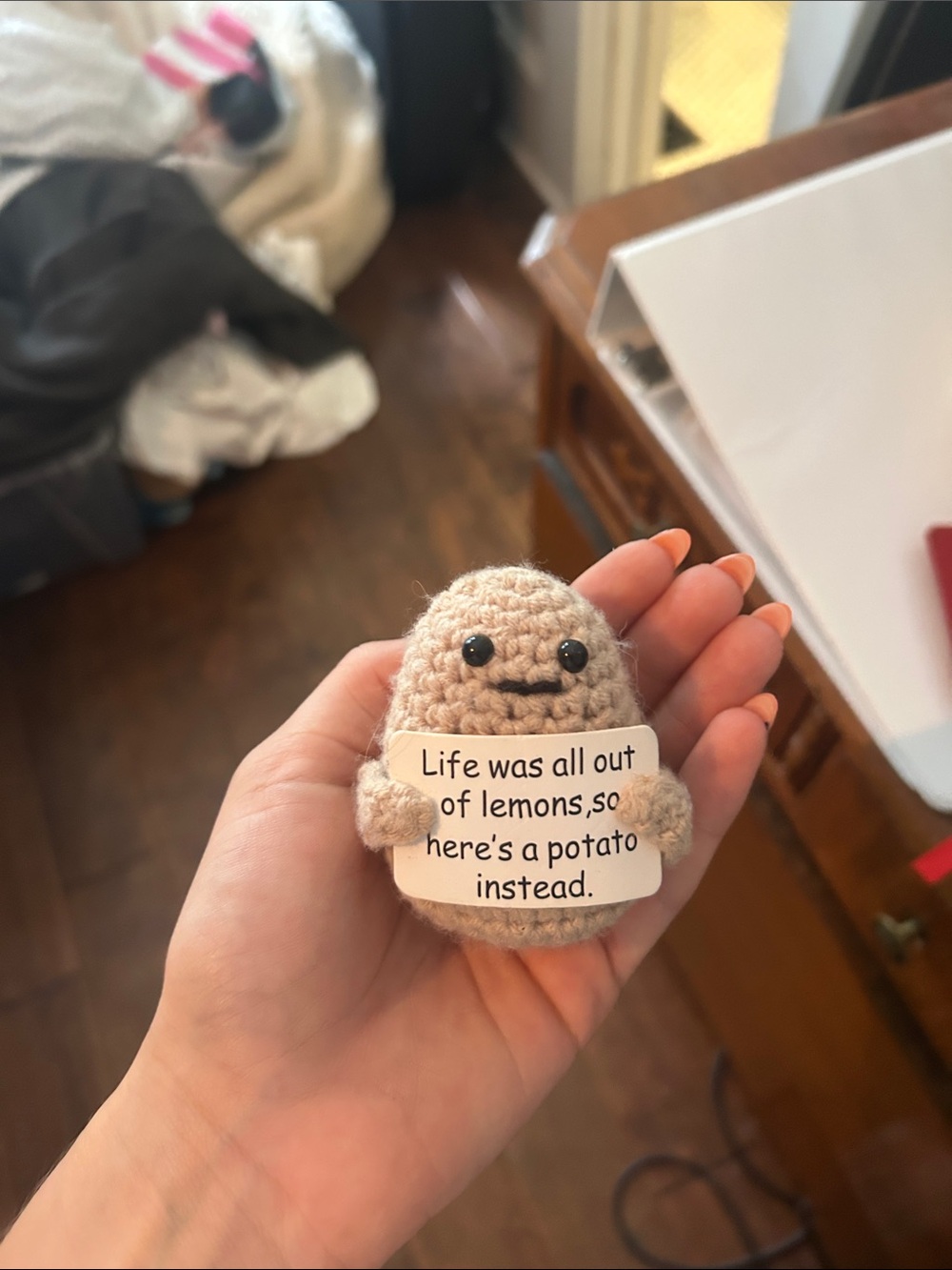 Handmade Crochet Potato Plush with Quote
